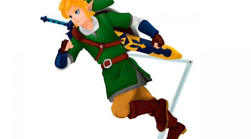 postać z gry zelda - blondyn, młody chłopak w zielonym kubraku i czapce biegnie z mieczem na plecach